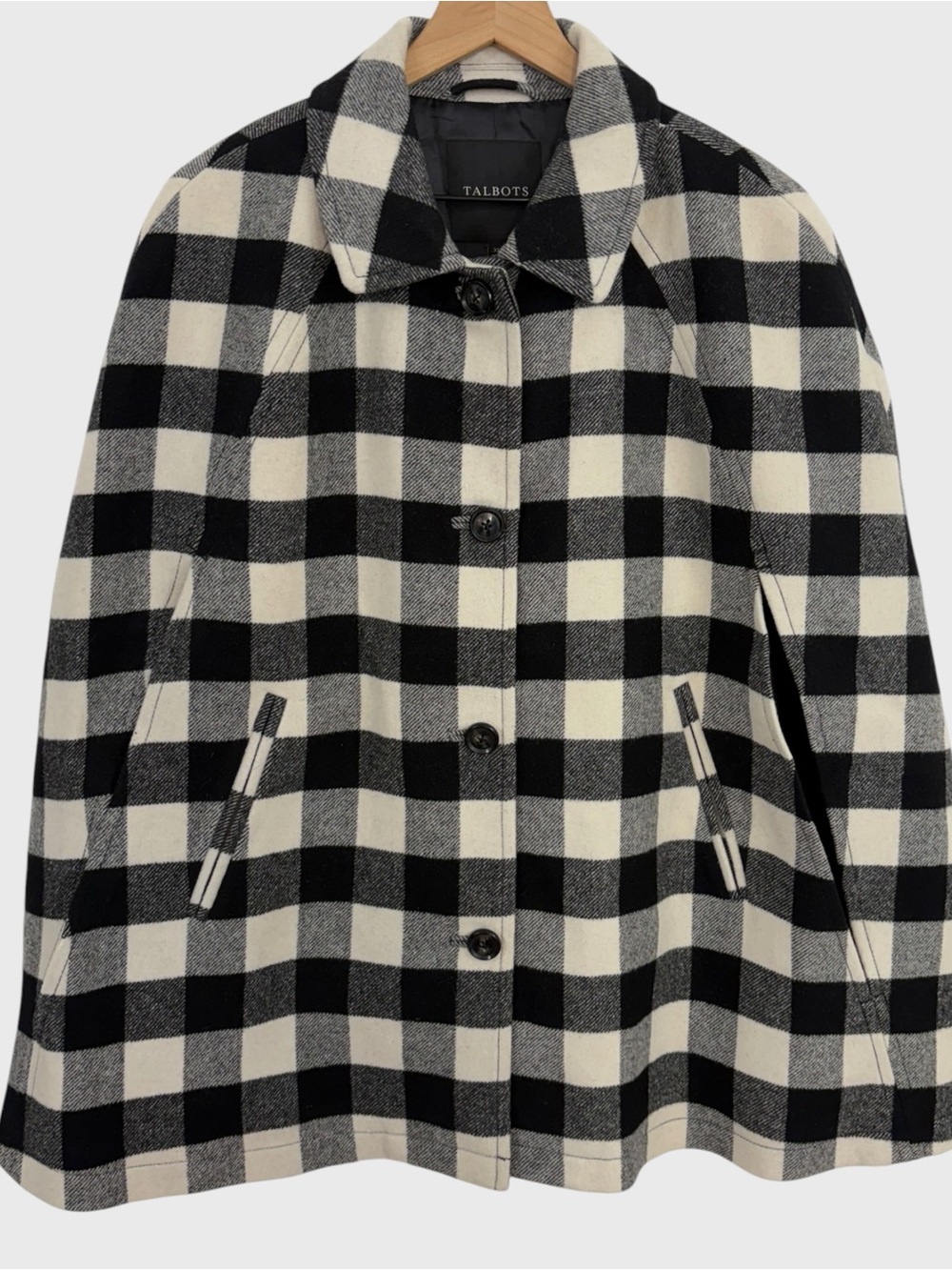 Talbots Black White Plaid Wool Button Front Cape Size XL